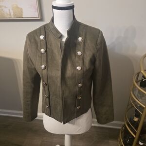 Olive Military-Style Women's Jacket with Decorative Buttons- Suede